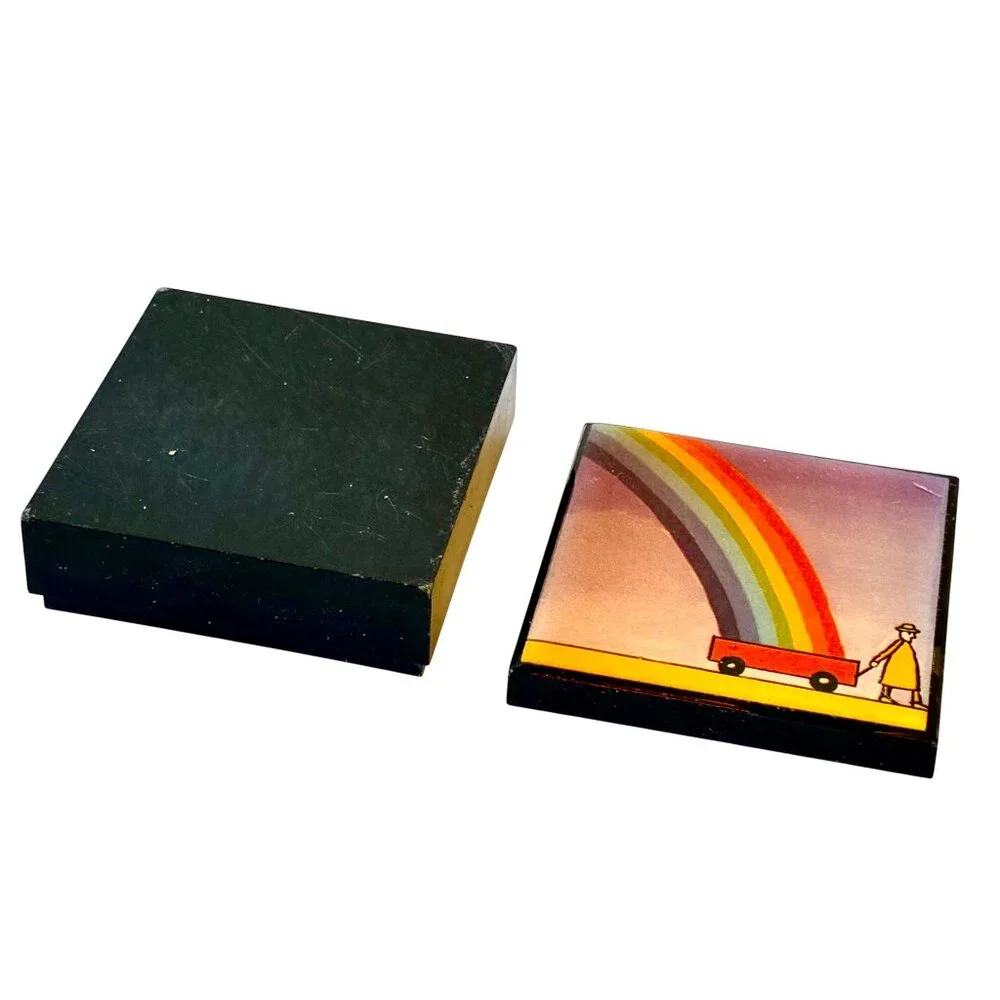 Vintage Black Lacquer Trinket Box RAINBOW & Wagon Small 2
